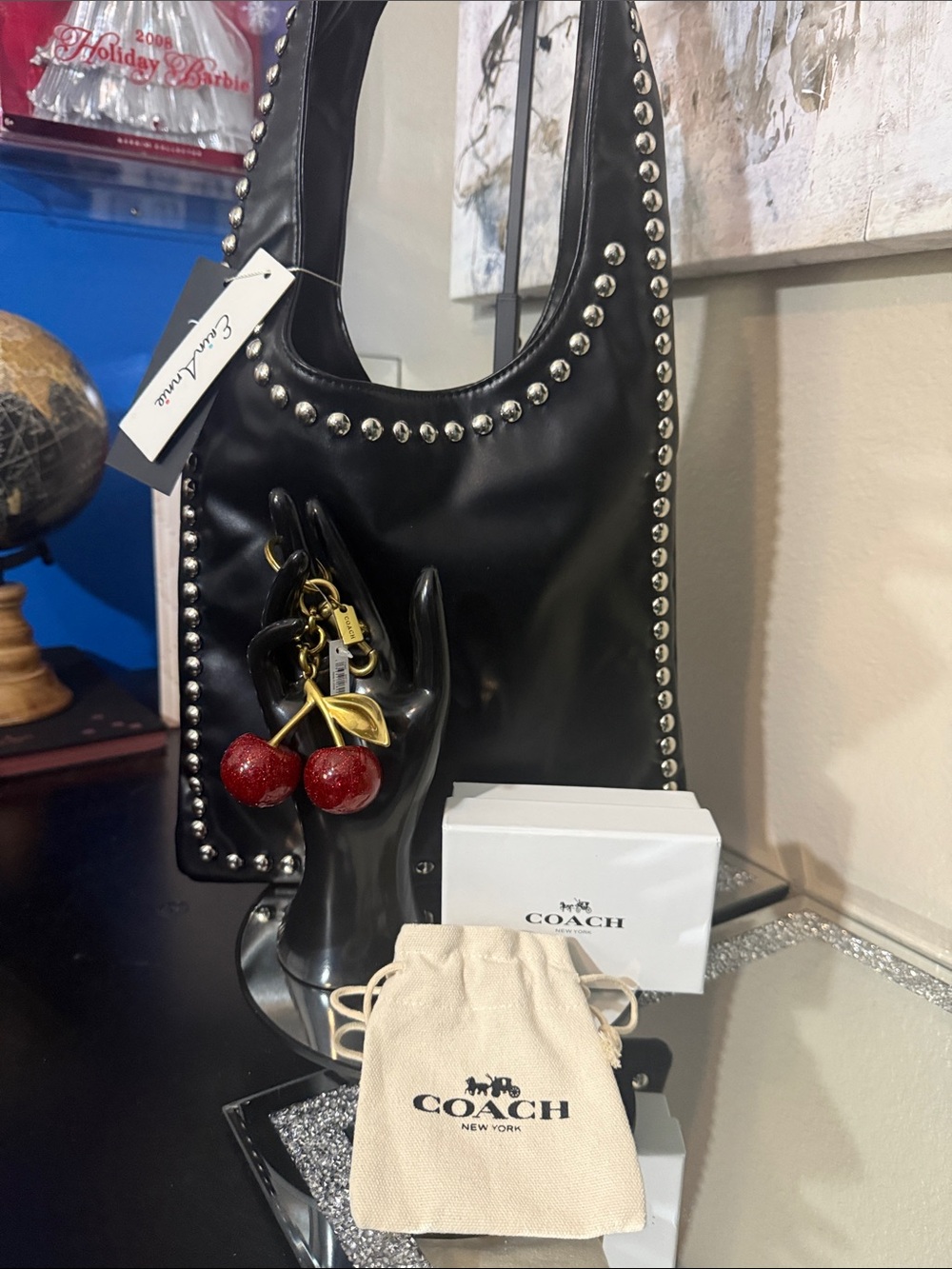 Coach Black Studded Shoulder Bag with Cherry Charm